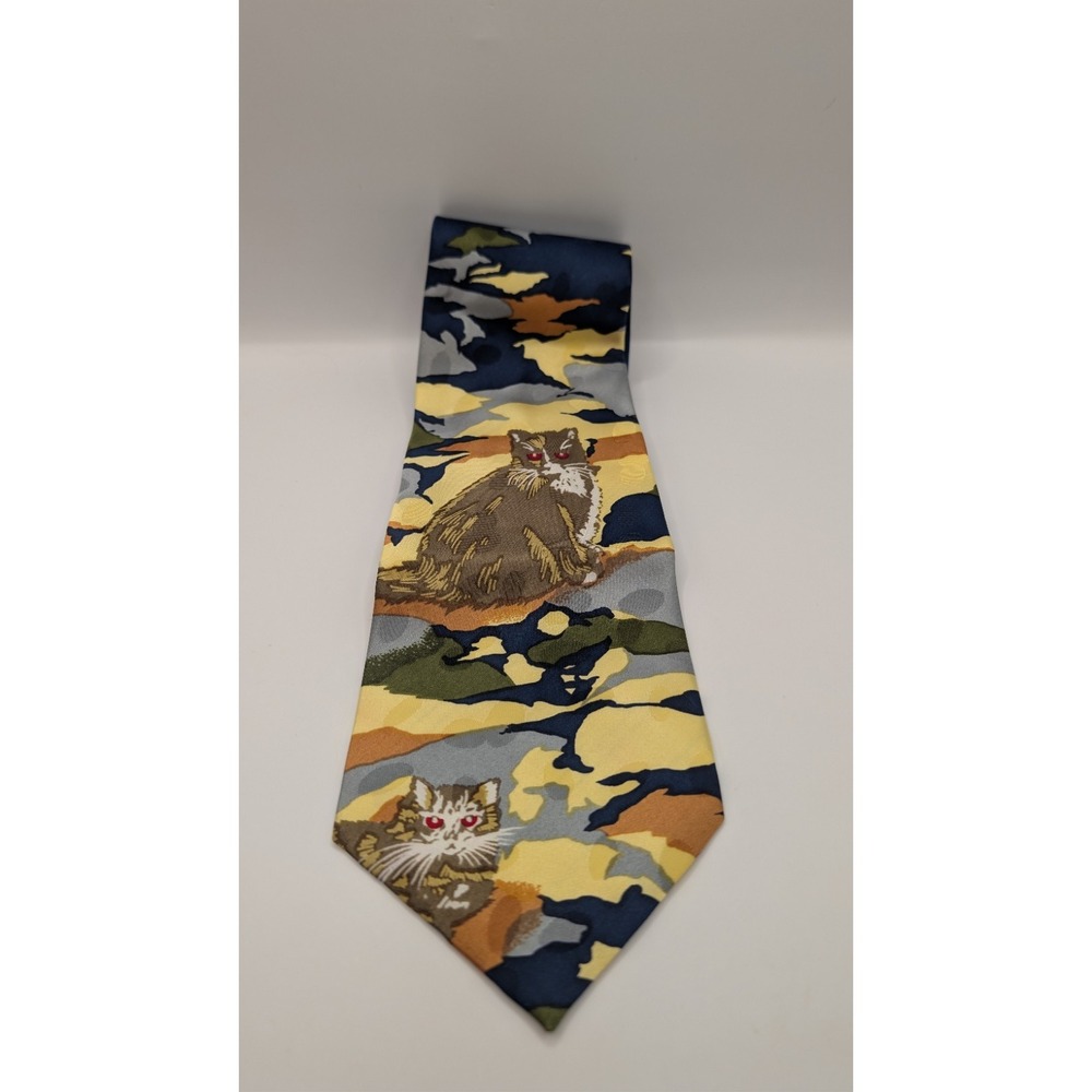 Vtg Renaissance Silk Necktie Abstract Camouflage Red Eyed Cat Animal Art Print